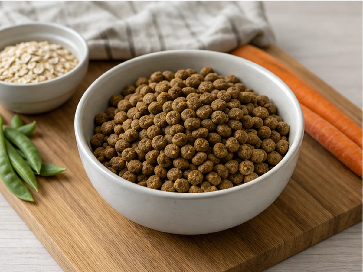 Plain dry dog food in a white bowl on a cutting board