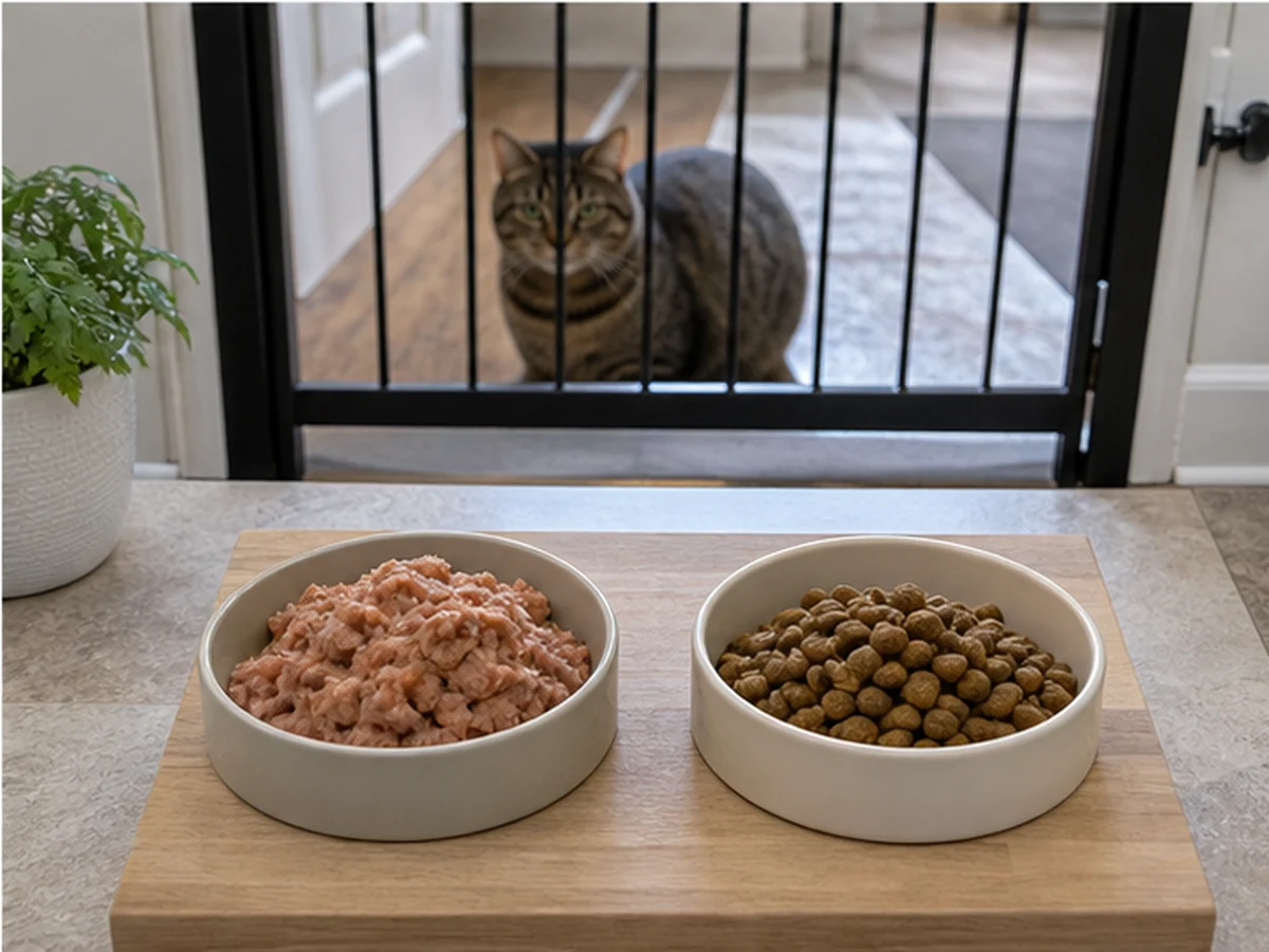 Wet and dry dog food behind a gate separating a cat