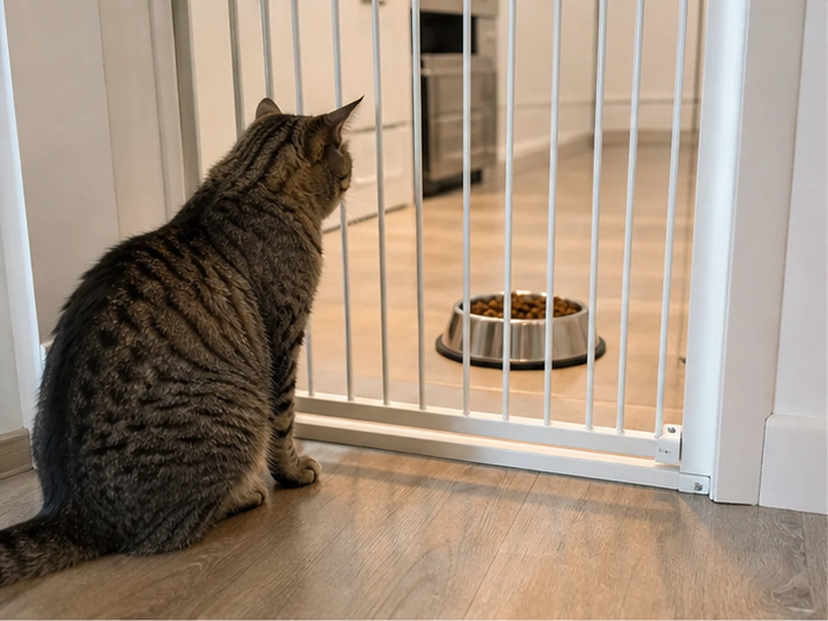 Cat observing a dog-food bowl from behind a pet gate