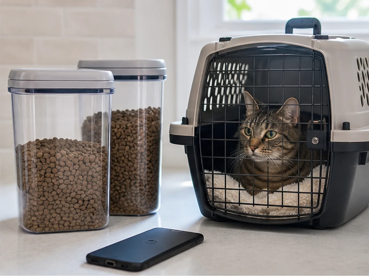 Cat in a carrier beside sealed pet-food bins and a phone