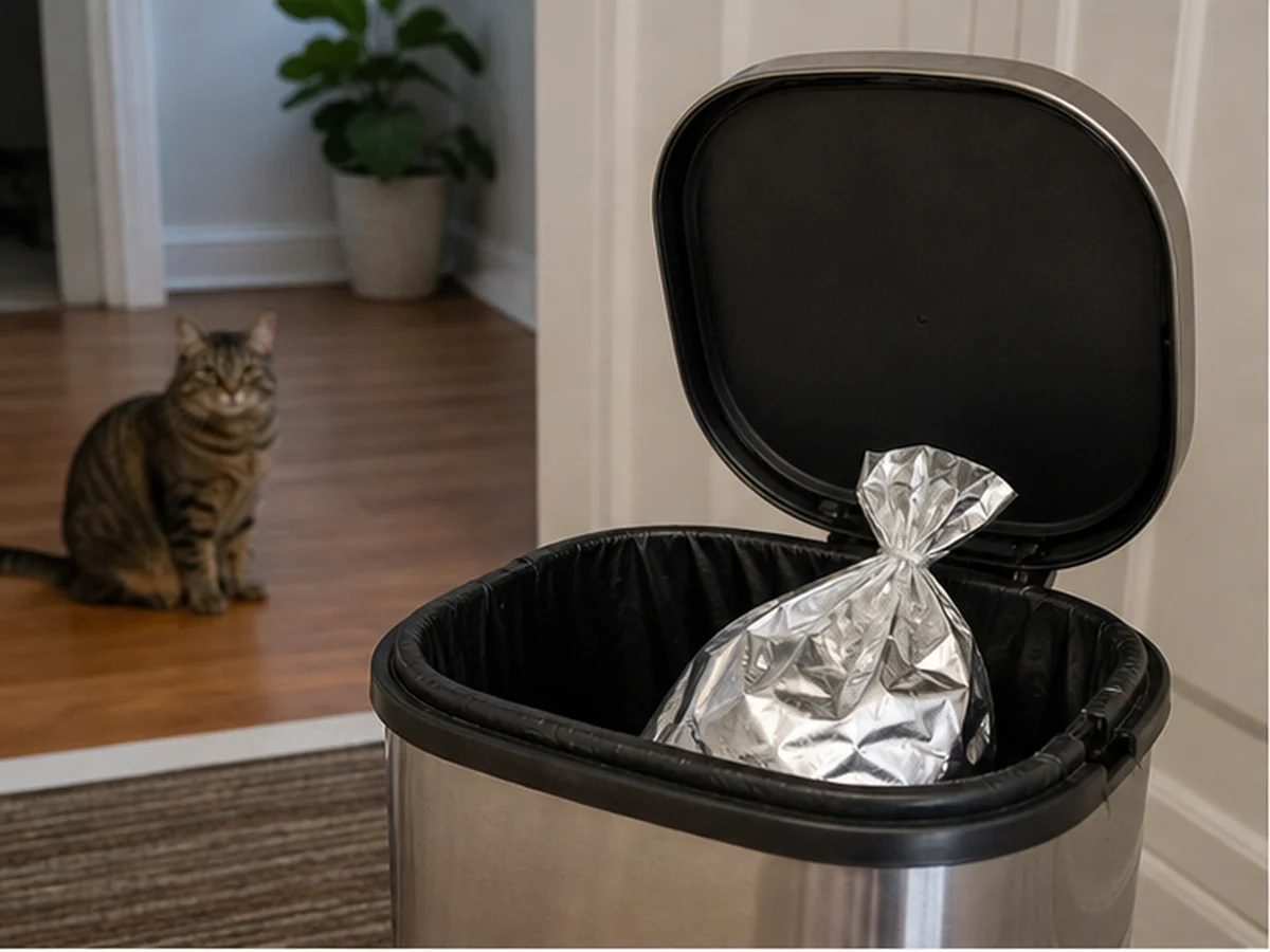 Tied foil snack bag secured inside a lidded trash bin