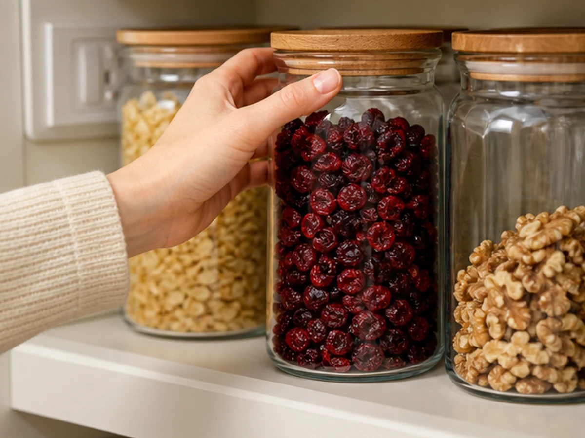 Secure kitchen storage scene involving dried cranberries