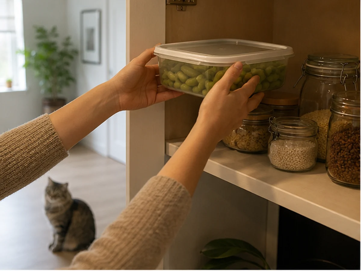 Hands storing edamame on a high shelf with a cat distant