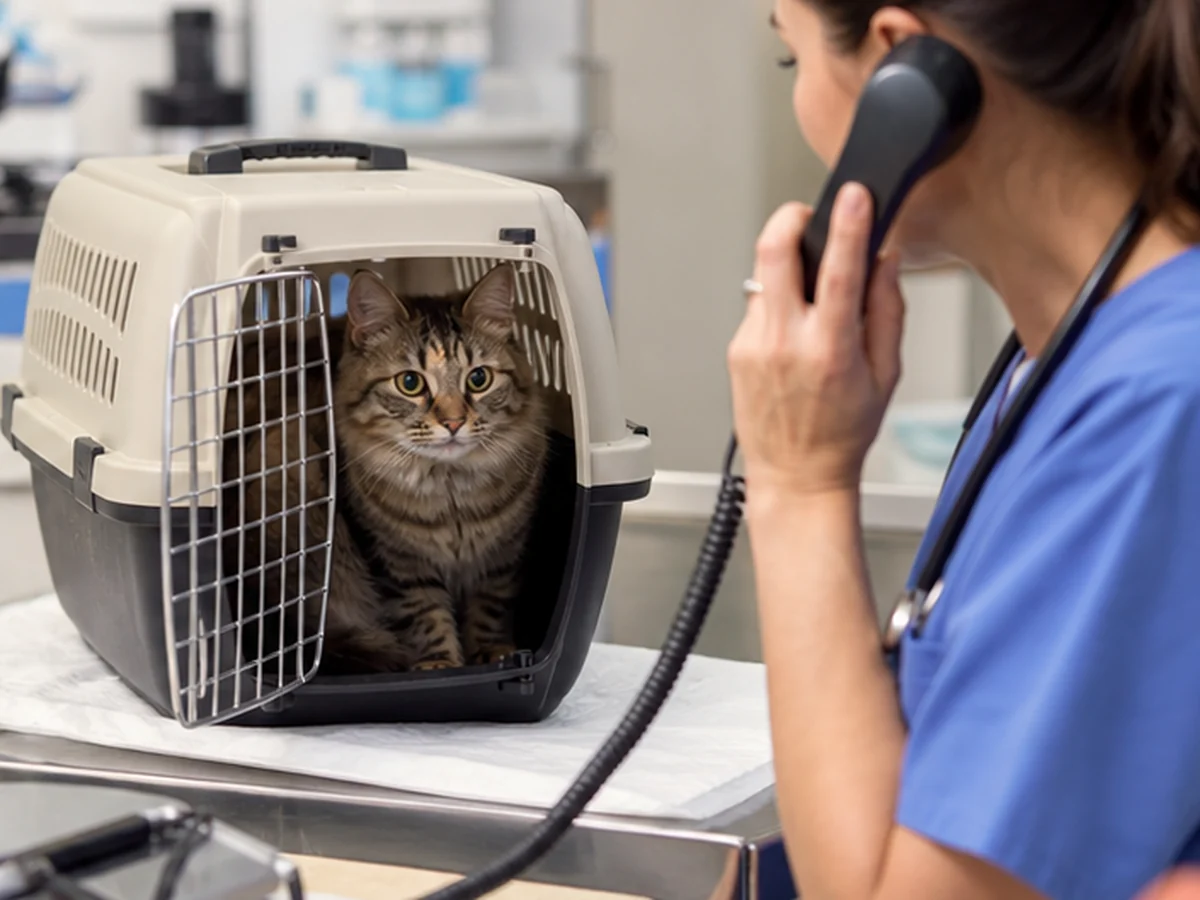 Veterinary consultation scene with a cat nearby