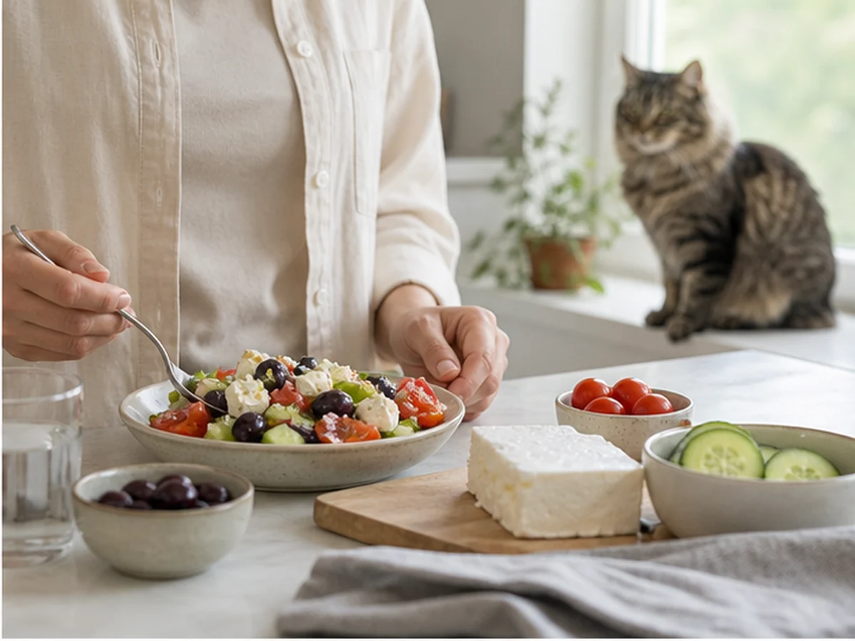 Person preparing a feta salad with a cat sitting well away