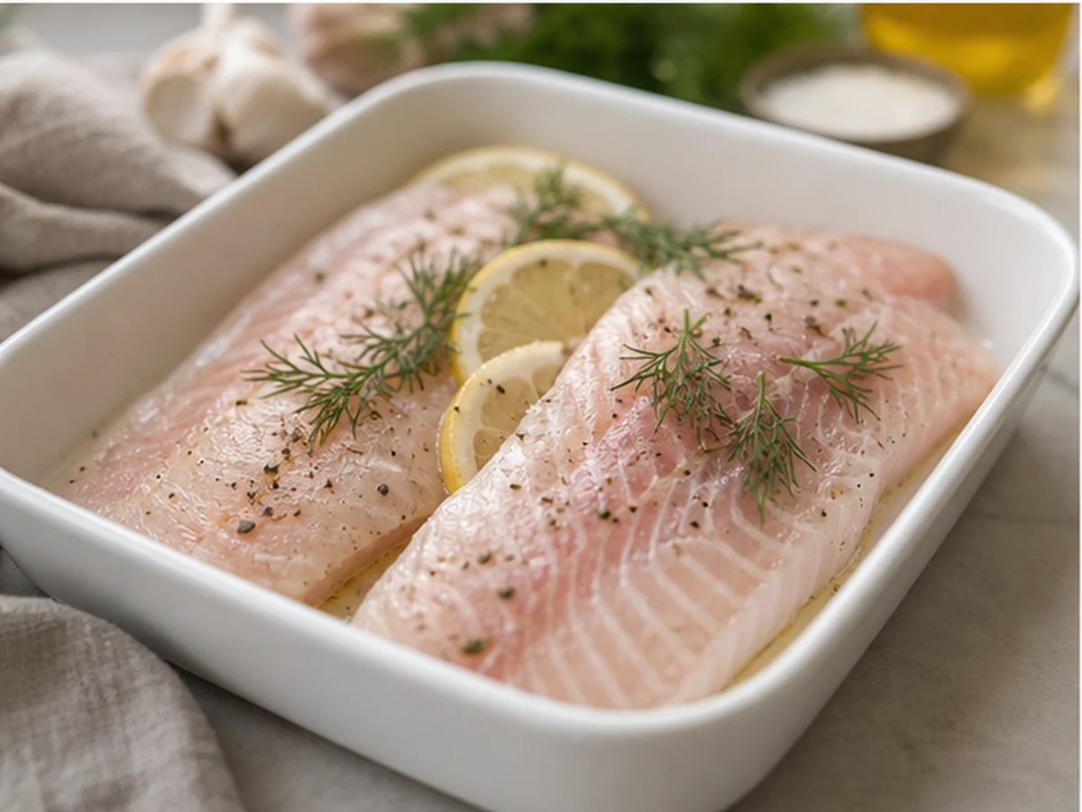 Raw white fish fillets with lemon and dill in a baking dish