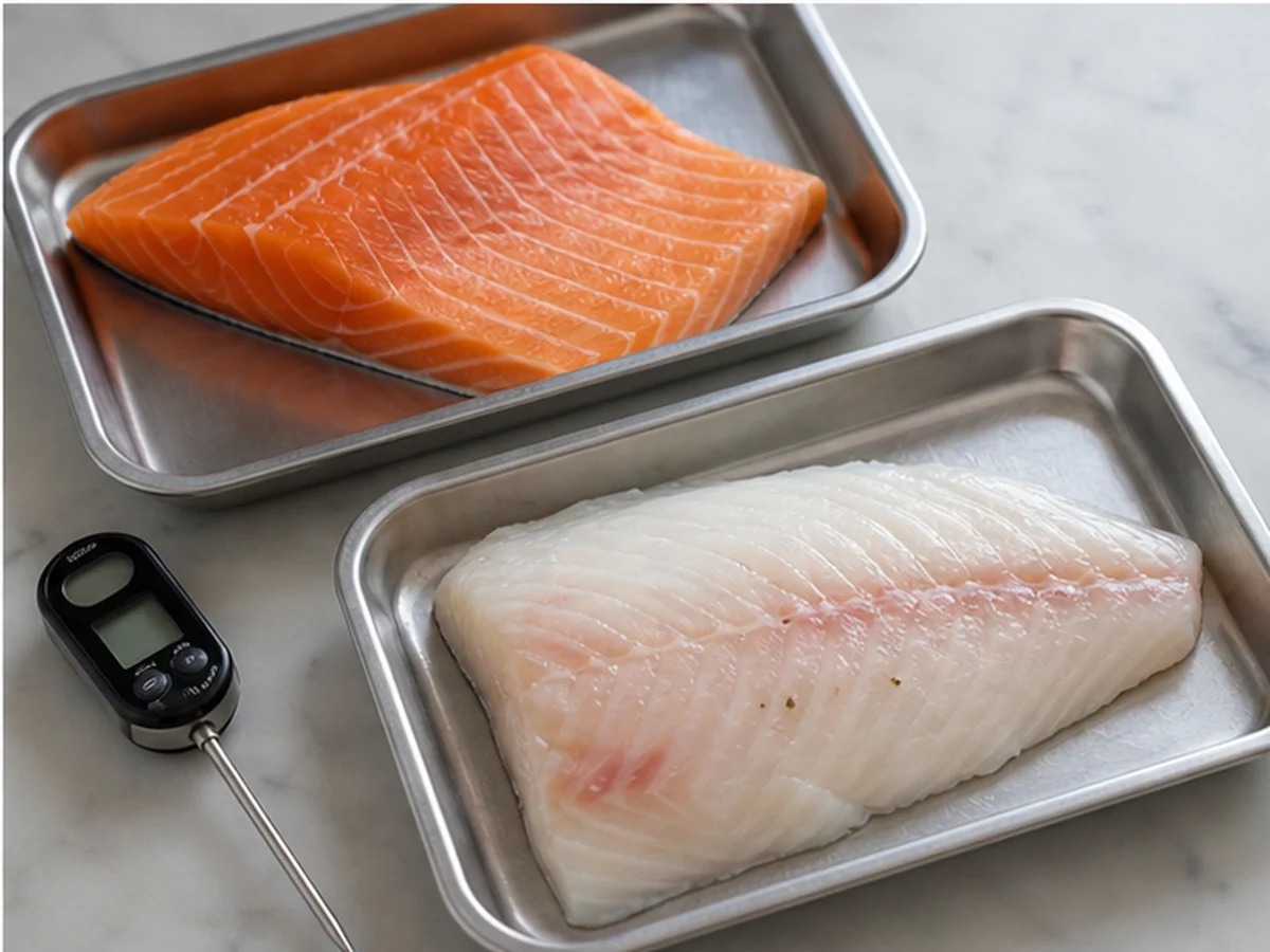Raw salmon and white fish on separate trays with a thermometer