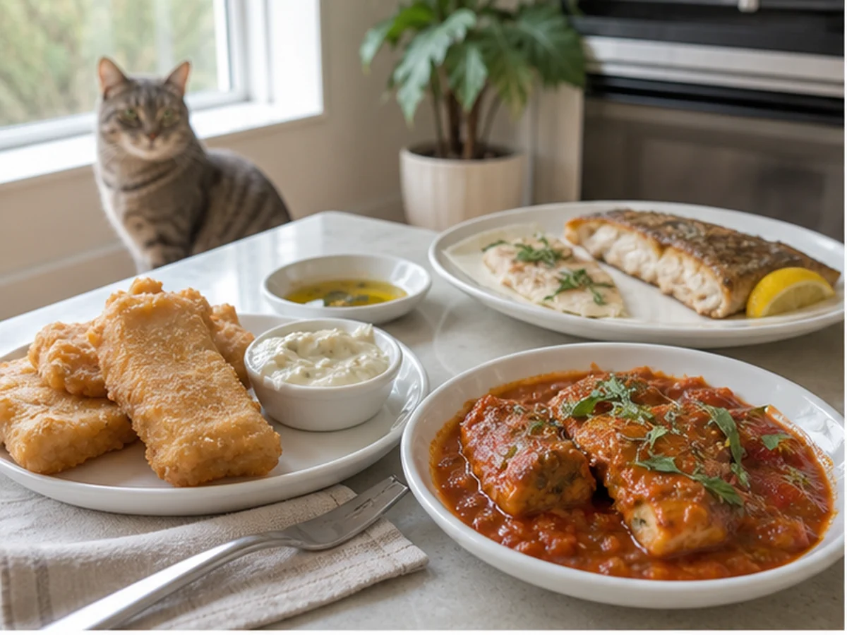 Fried, grilled, and sauced fish dishes with a cat distant