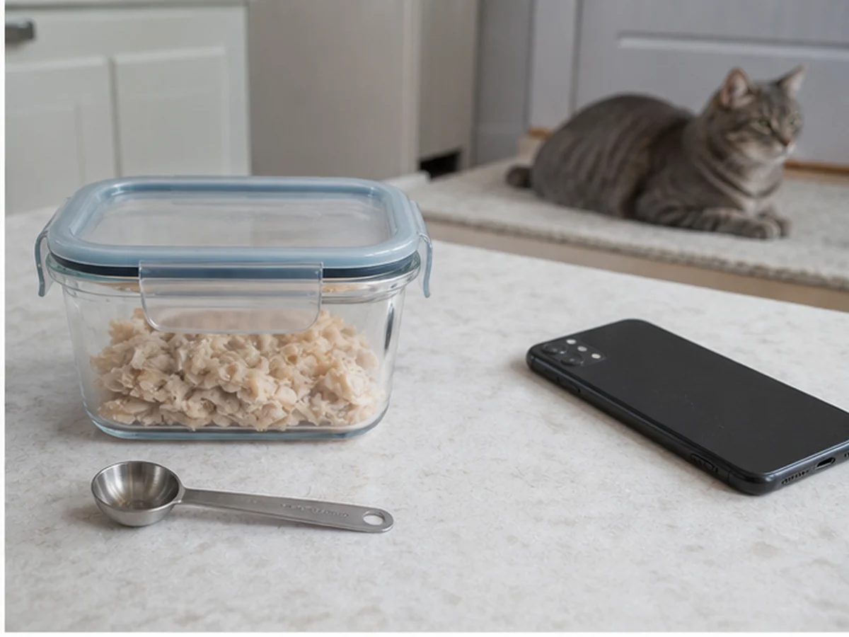 Sealed cooked fish, spoon, and phone with a cat resting away