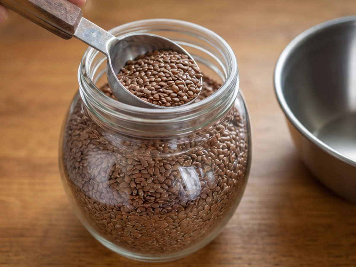 Cat kept behind a kitchen scene involving flaxseed