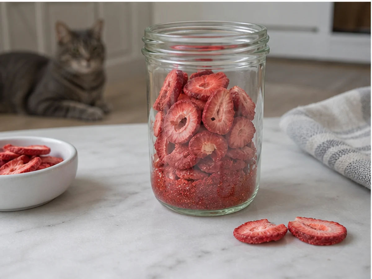 Freeze-dried strawberry pieces and dust in an unlabeled jar
