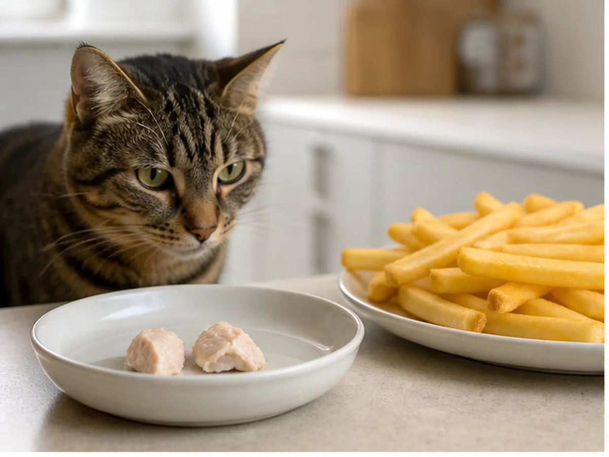 Cat safely separated from french fries in a household scene about better tiny treats