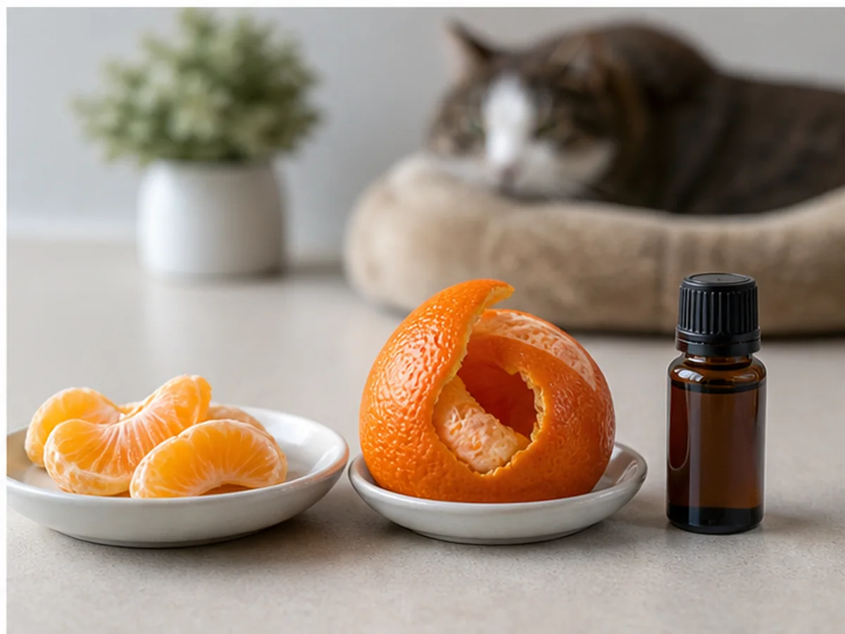 Cat safely separated from fruit in a household scene about citrus flesh, peel, and oil are not equivalent