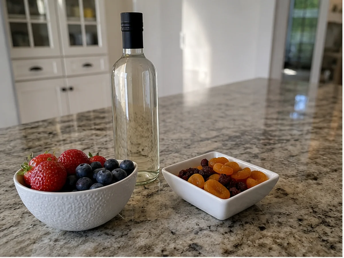 Cat safely separated from fruit in a household scene about jam, pie, cake, candy, and alcohol