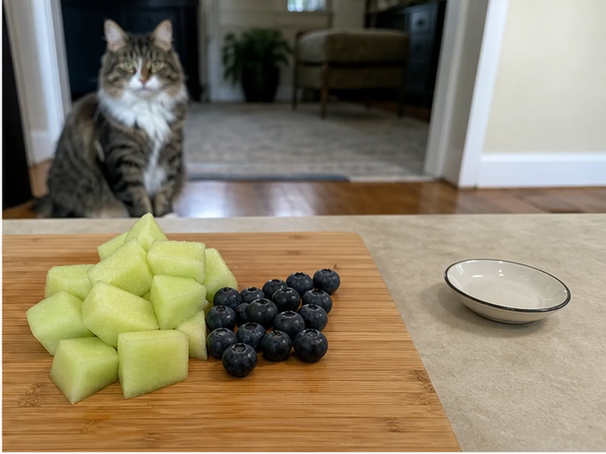 Cat safely separated from fruit in a household scene about a practical fruit-serving checklist