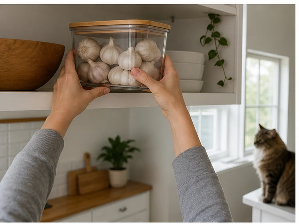 Hands securing garlic bulbs on a high shelf with a cat distant