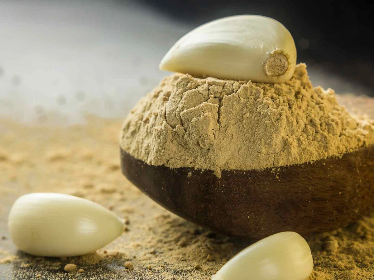 Garlic powder piled in a dark spoon with whole garlic cloves nearby.