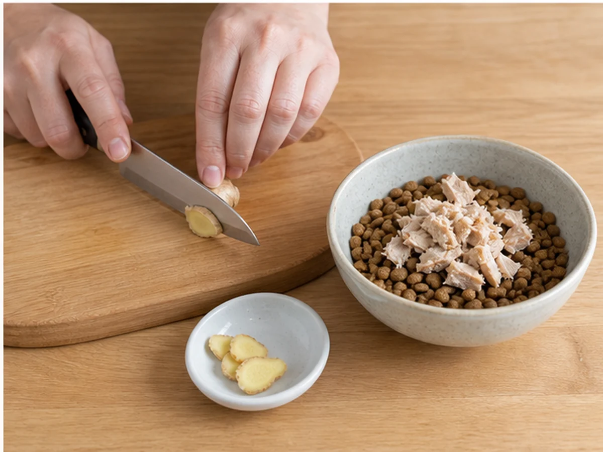 Hands slicing ginger beside a complete cat-food bowl