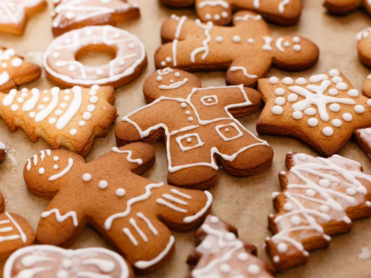 Assorted decorated gingerbread cookies on a table