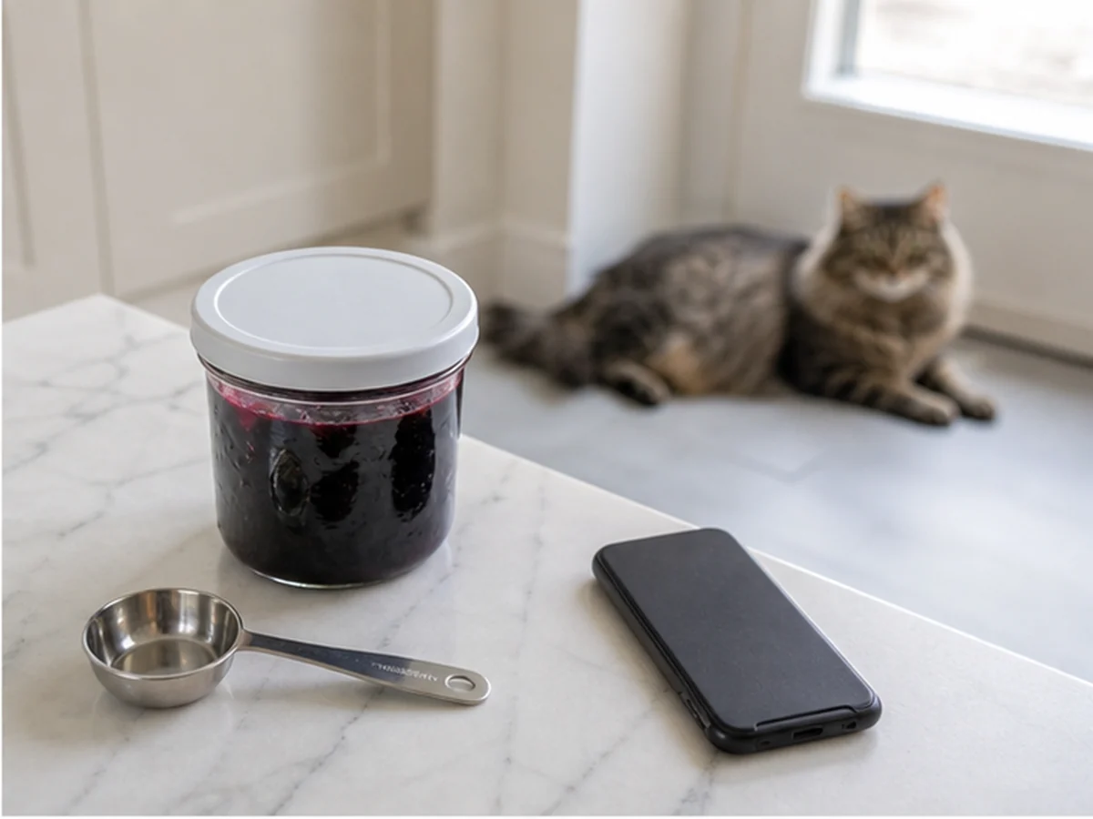 Sealed grape jelly, spoon, and phone with a cat resting away