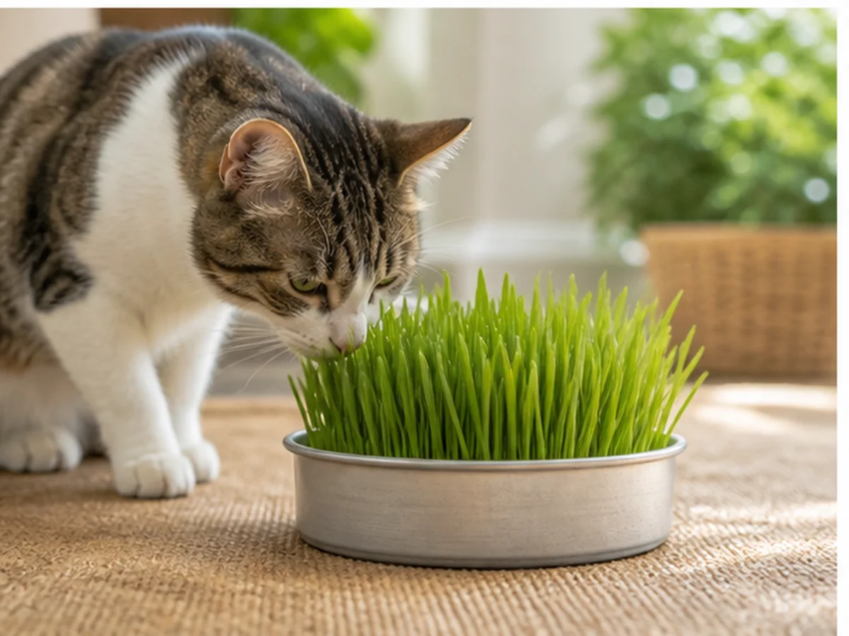 Cat safely separated from grass in a household scene about what counts as cat grass
