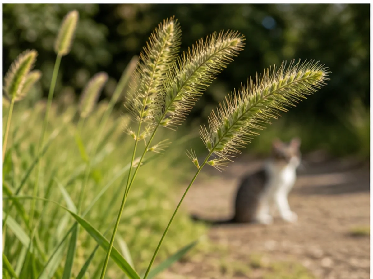 Cat safely separated from grass in a household scene about foxtails and sharp seed heads