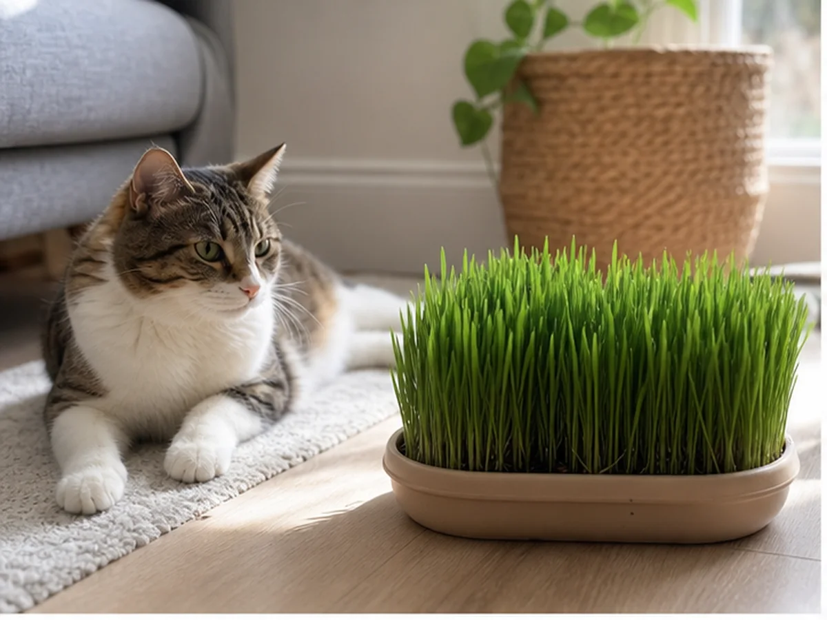Cat safely separated from grass in a household scene about repeated grass eating can be a clue