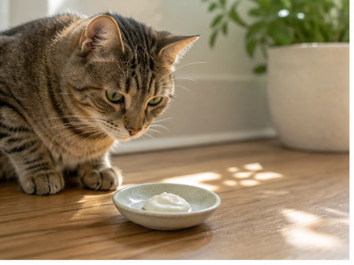 Cat safely separated from greek yogurt in a household scene about how to test a tiny amount
