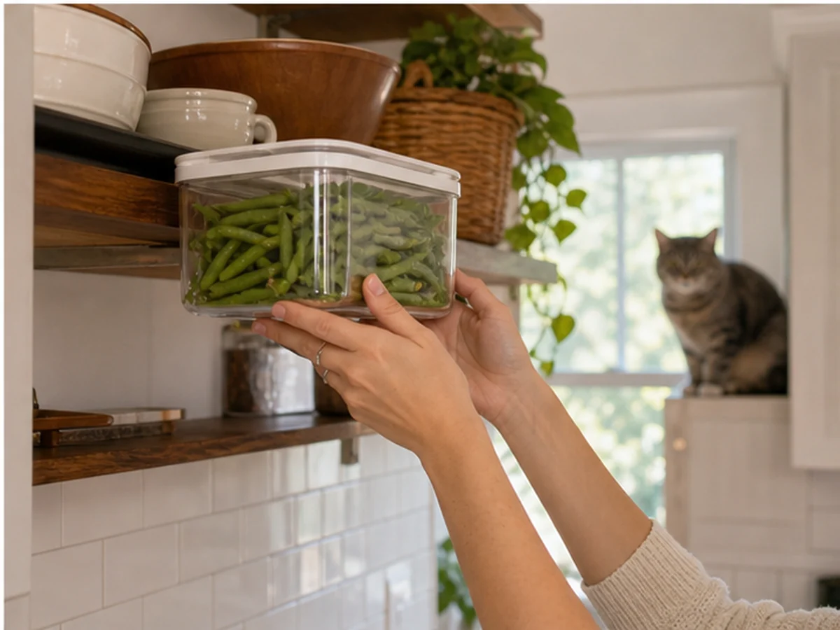 Hands storing green beans on a high shelf while a cat watches