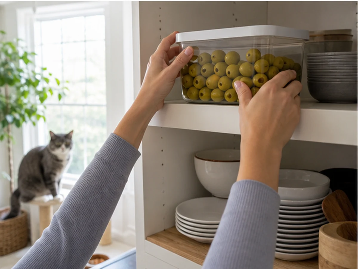 Hands storing green olives on a high shelf with a cat distant