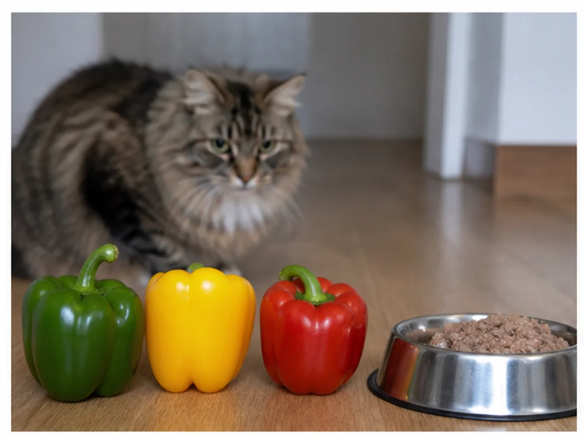 Cat safely separated from green peppers in a household scene about color changes do not create separate nutrition rules