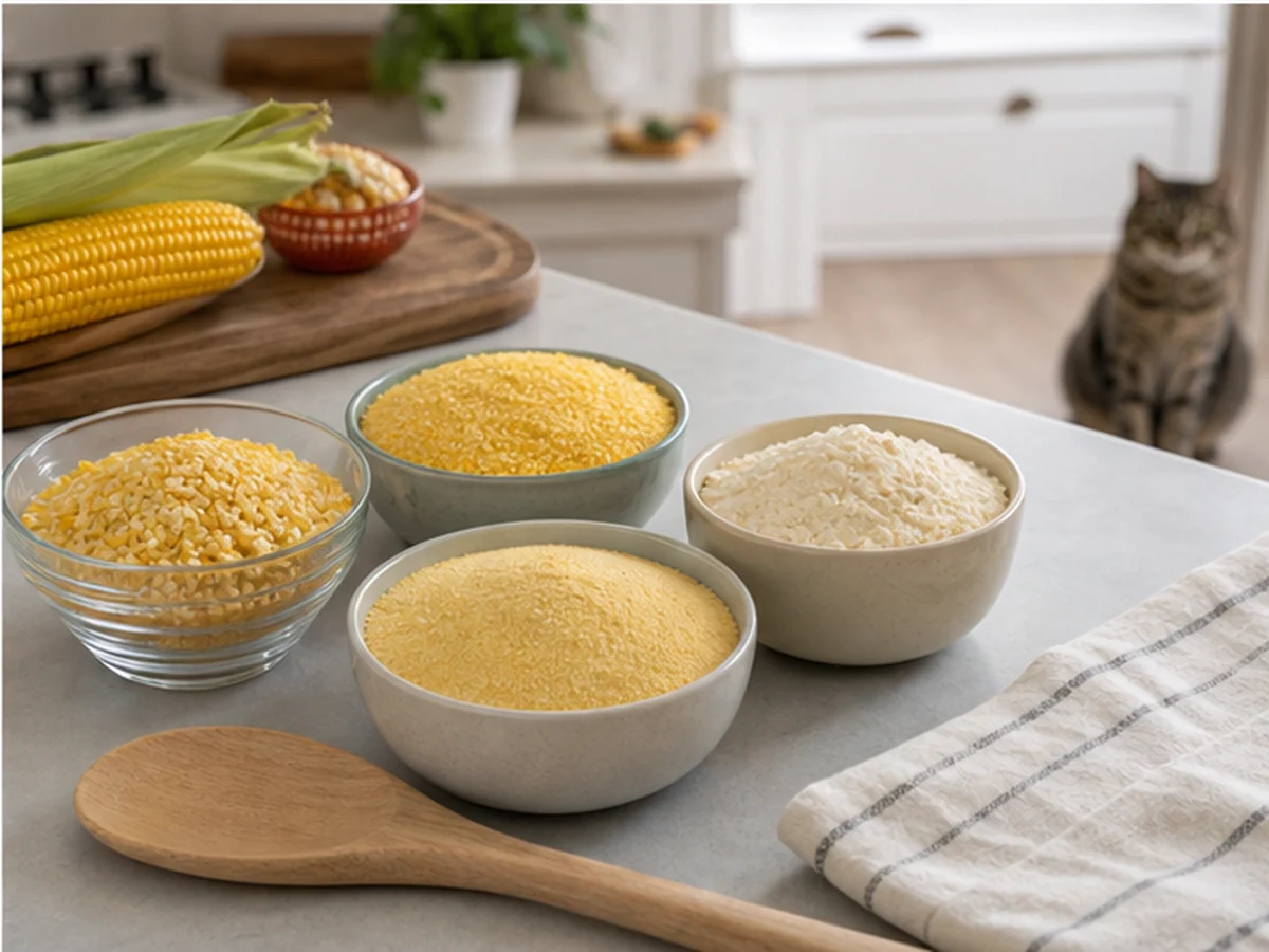 Bowls of grits, polenta, cornmeal, and hominy on a counter