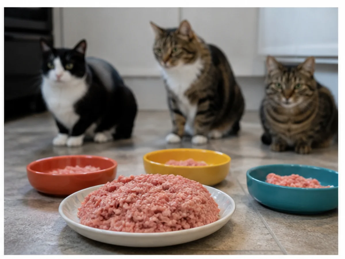 Cat safely separated from ground turkey in a household scene about multi-cat illness requires individual notes