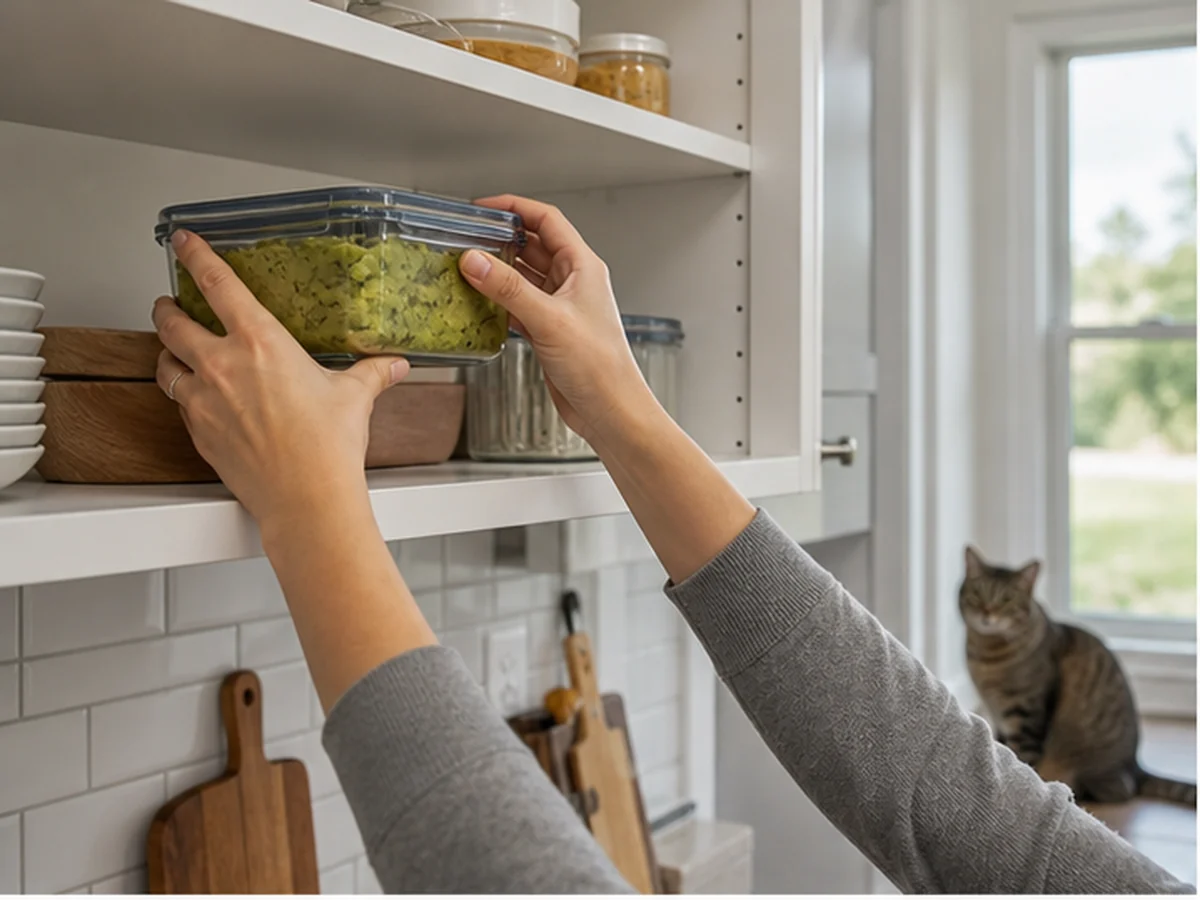 Hands storing guacamole on a high shelf with a cat distant
