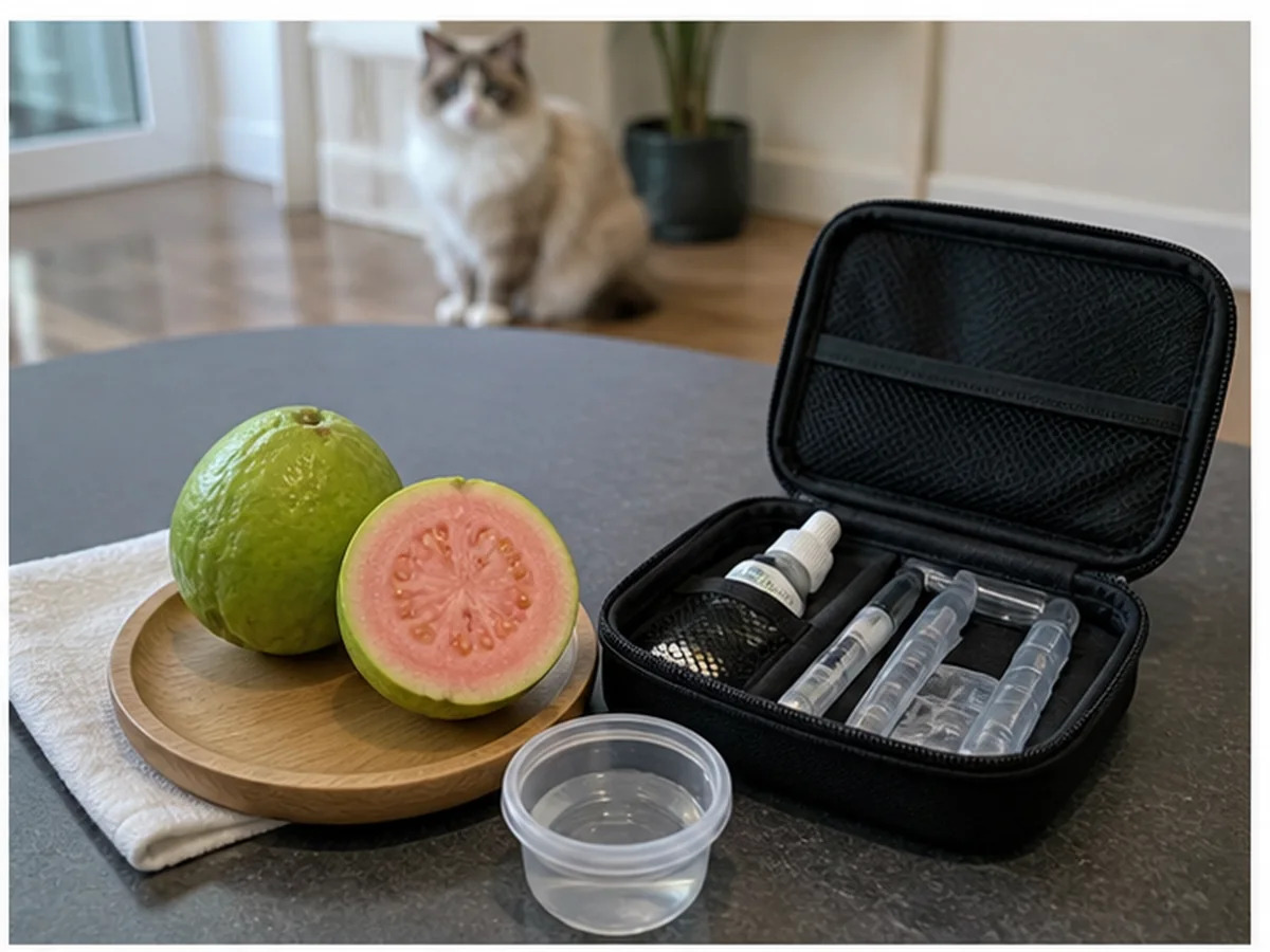 Cat safely separated from guava in a household scene about a sensible monitoring plan