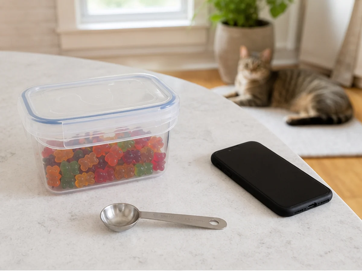 Sealed plain gummy bears, spoon, and phone with cats distant