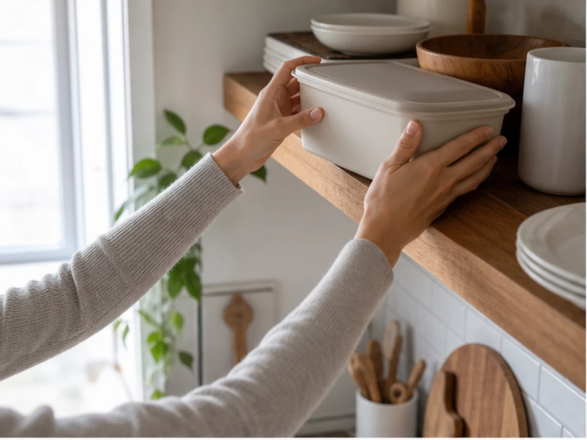 Hands storing a lidded honey container on a high shelf