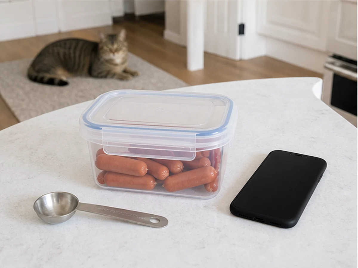 Sealed hot dog pieces, spoon, and phone with a cat distant