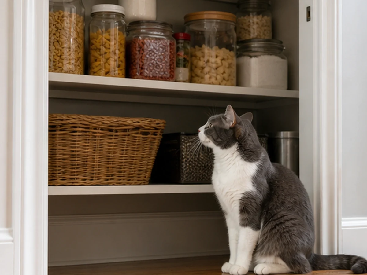 Secure kitchen storage scene involving hummus