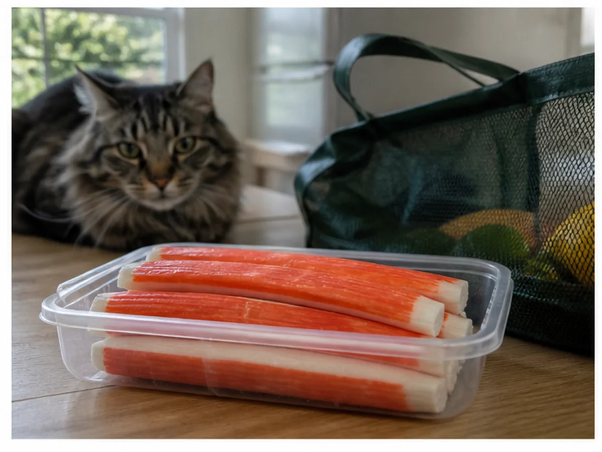 Cat safely separated from imitation crab in a household scene about shopping and kitchen habits that help