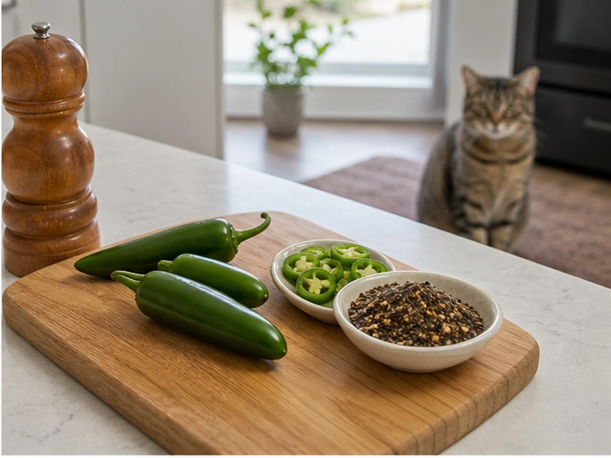 Fresh jalapeños and peppercorns with a cat sitting well away