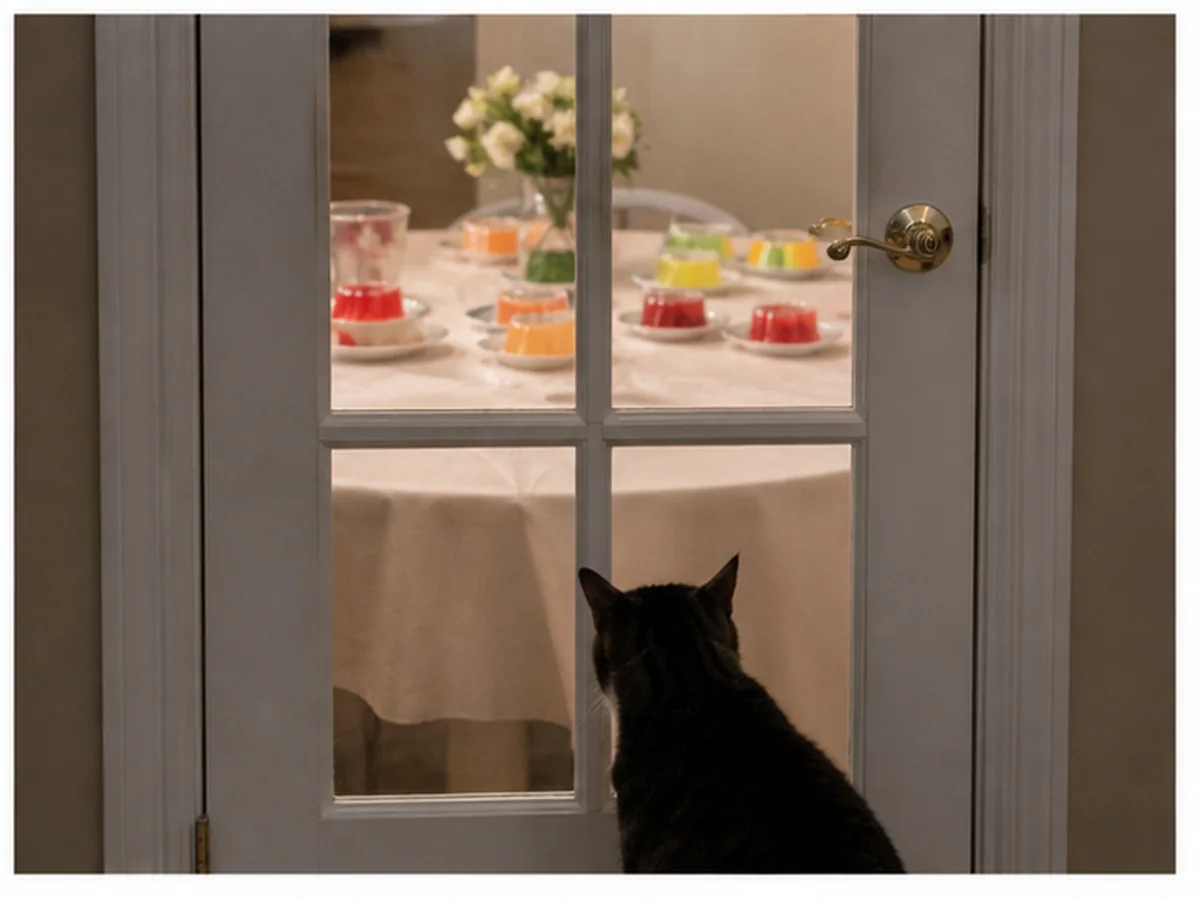 Cat safely separated from jello in a household scene about party-table prevention