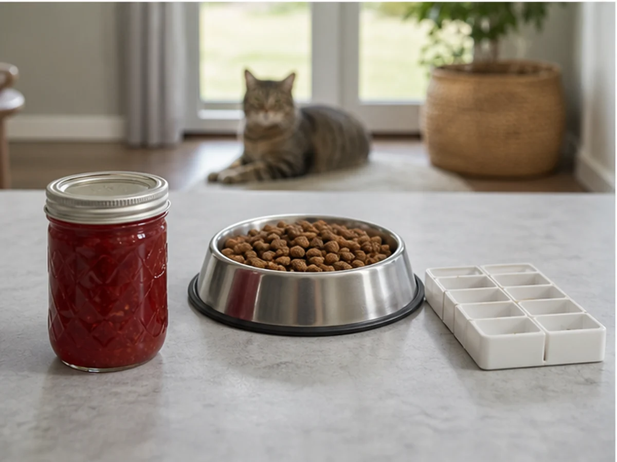 Unlabeled jelly jar beside cat food and a pill organizer