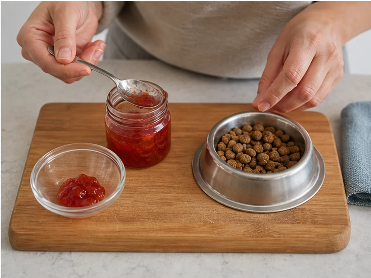 Hands measuring jelly beside a complete cat-food bowl