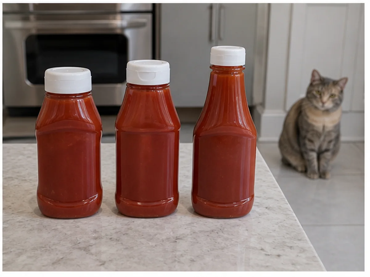 Cat safely separated from ketchup in a household scene about labels can change between bottles