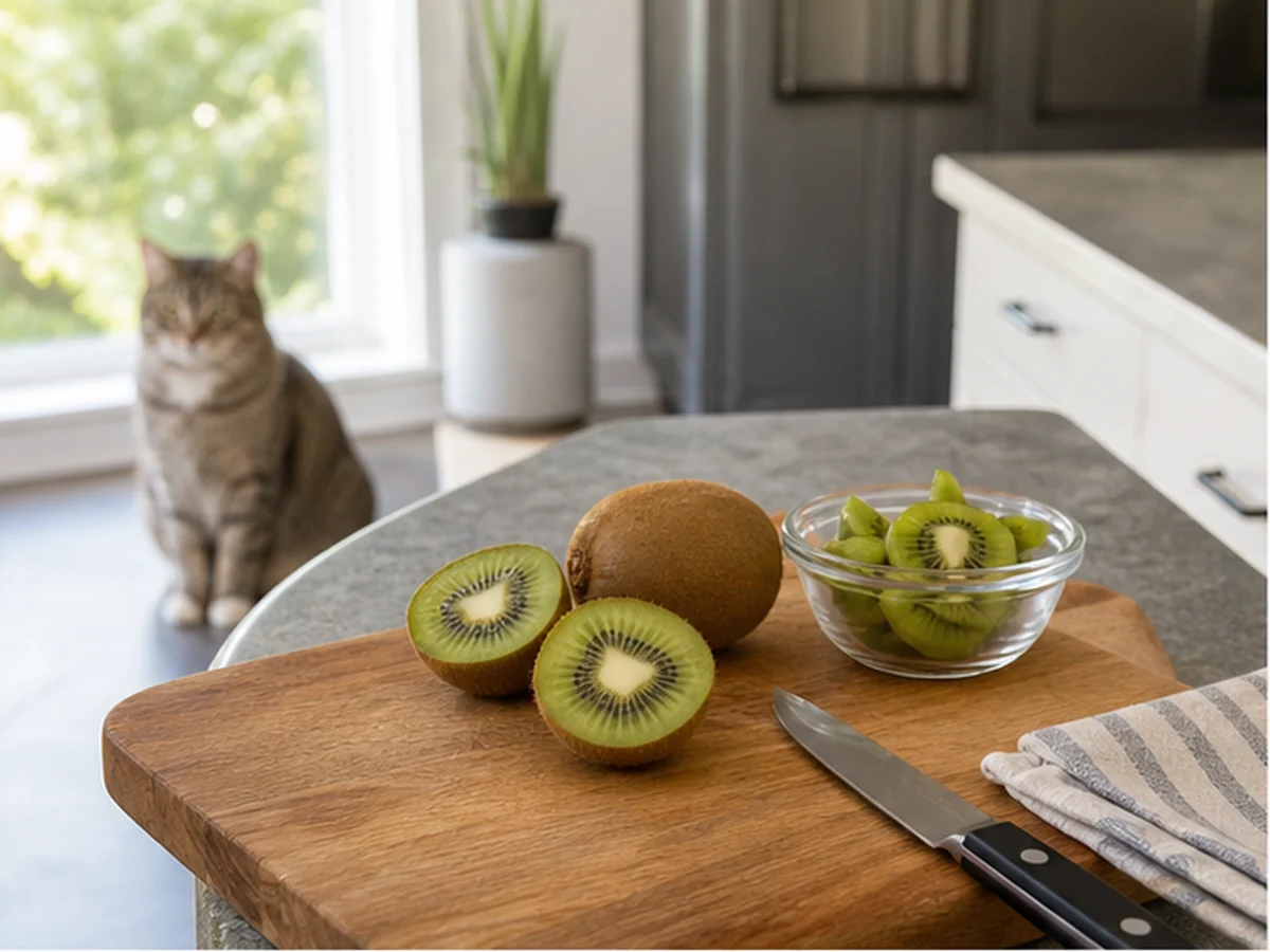 Whole and sliced kiwi on a board with a cat sitting well away