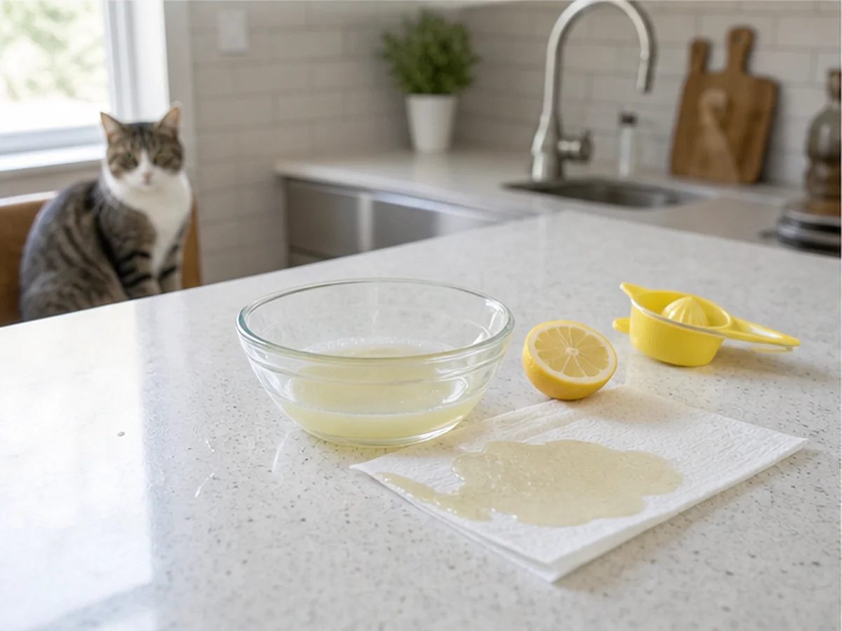 Lemon juice spill in a bowl with two cats sitting well away