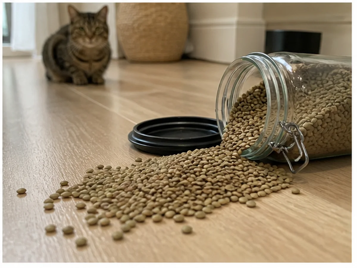 Cat safely separated from lentils in a household scene about after a lentil raid