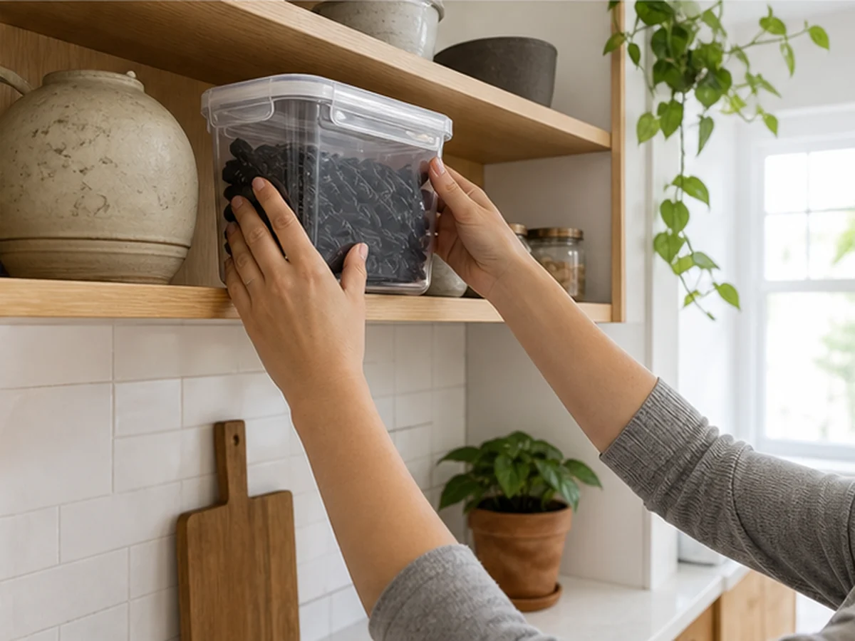 Hands storing black licorice on a high shelf with a cat distant
