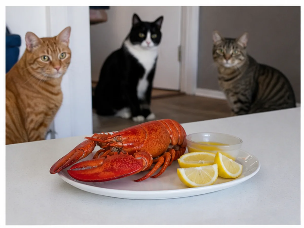 Cat safely separated from lobster in a household scene about if several pets reached the platter